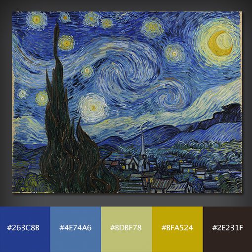 الهام از پالت رنگی نقاشیهای معروف تاریخ 1. ستارهپران ونگوگ | The Starry Night
painterpallettes-پالت رنگی نقاشی های معروف